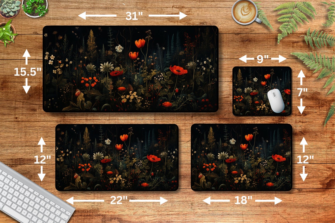 Dark Cottage Core Wildflowers Desk Mat Gaming Mouse Pad Large Mousepad ...