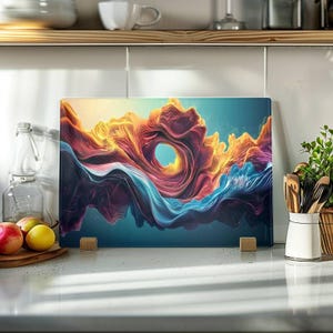 Peut inclure: Une planche à découper rectangulaire en verre présentant un motif abstrait de vagues fluides et tourbillonnantes dans des tons vifs d'orange, de jaune, de magenta et de bleu profond, centré autour d'une ouverture circulaire.