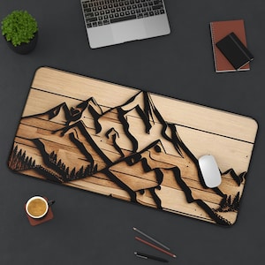 Textured Wood Mountain Range Mouse Pad - Rustic Design Desk Mat and Gaming Accessory, Unique Gift