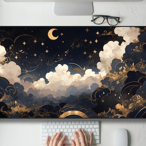 Blue Gold Celestial Kawaii Desk Mat Gaming Mouse Pad Large Mousepad with MTG playmat, Keyboard Mouse Mat Desk Pad for Work Game Office XL