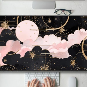 Celestial Pink, Black, And Gold Kawaii Clouds Moon Desk Mat Gaming Mouse Pad Large Mousepad, Keyboard Mouse Mat Desk Pad Game Office Home XL