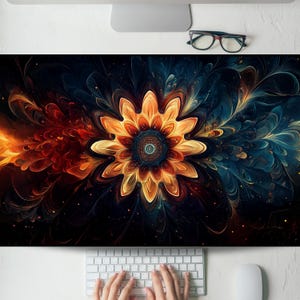 Tapis de bureau mandala floral enflammé sur toile de fond cosmique, tapis de souris de jeu, grand tapis de souris, tapis de clavier MTG pour bureau, jeu, bureau, maison XL