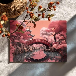 Arched Bridge Pagoda Cherry Trees Japandi Table Placemat Dining Decor