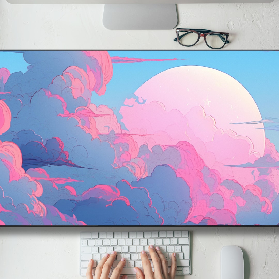 Kawaii Clouds With Peaking Moon Desk Mat Gaming Mouse Pad Large ...