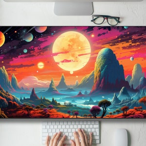 Funky Outer Space Planet Exploration Desk Mat Gaming Mouse Pad Large Mousepad, MTG playmat, Keyboard Mouse Mat Desk Pad Work Game Home XL
