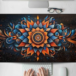Tapis de bureau mandala lumineux avec plumes et étoiles, tapis de souris de jeu, grand tapis de souris, tapis de clavier MTG pour bureau, jeu, bureau, maison XL
