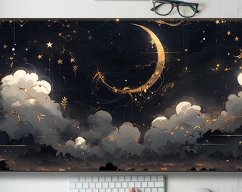 Gold Crescent Moon Celestial Kawaii Smokey Clouds Desk Mat Gaming Mouse Pad Large XL
