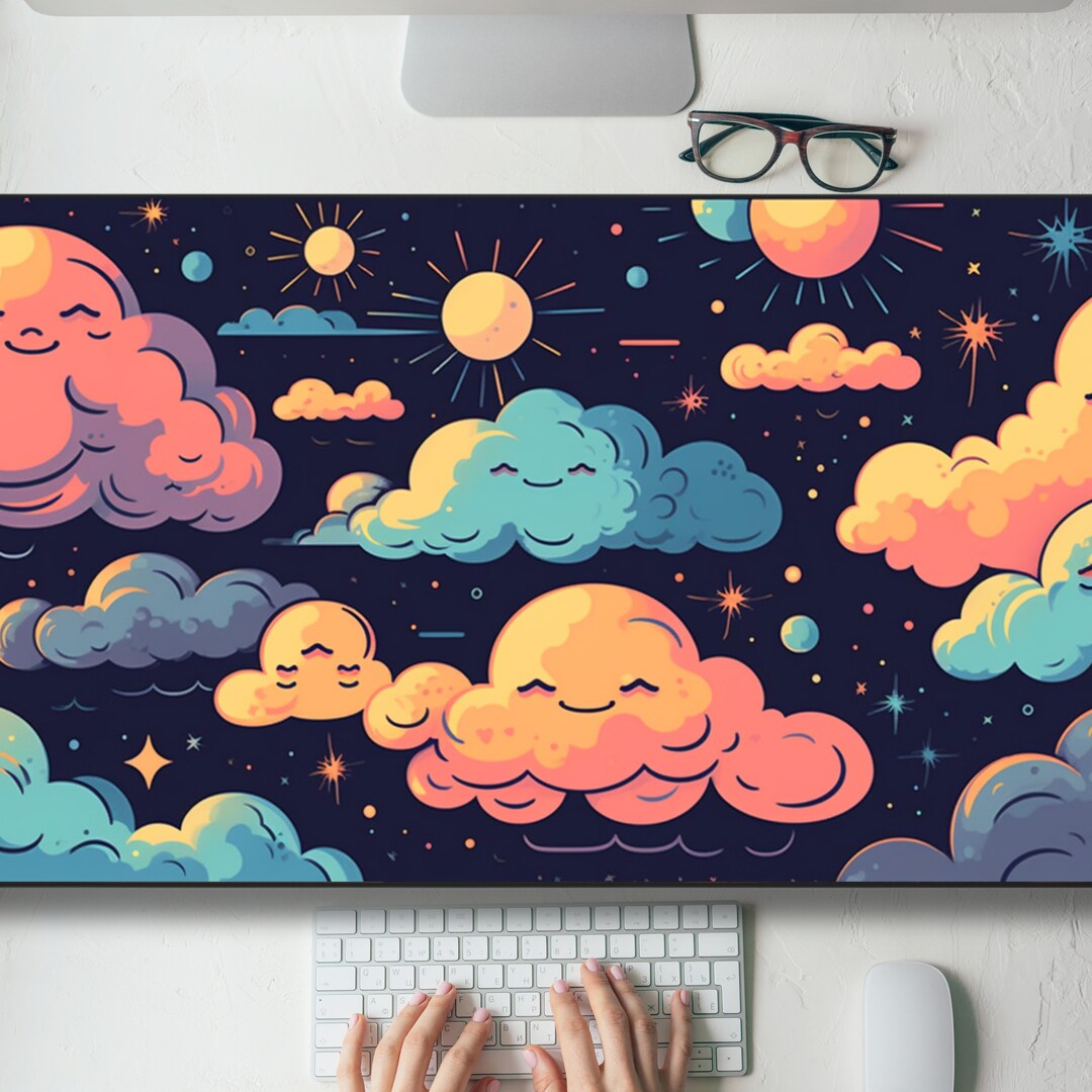 Cute Smiling Kawaii Clouds Desk Mat Gaming Mouse Pad Large Mousepad MTG ...