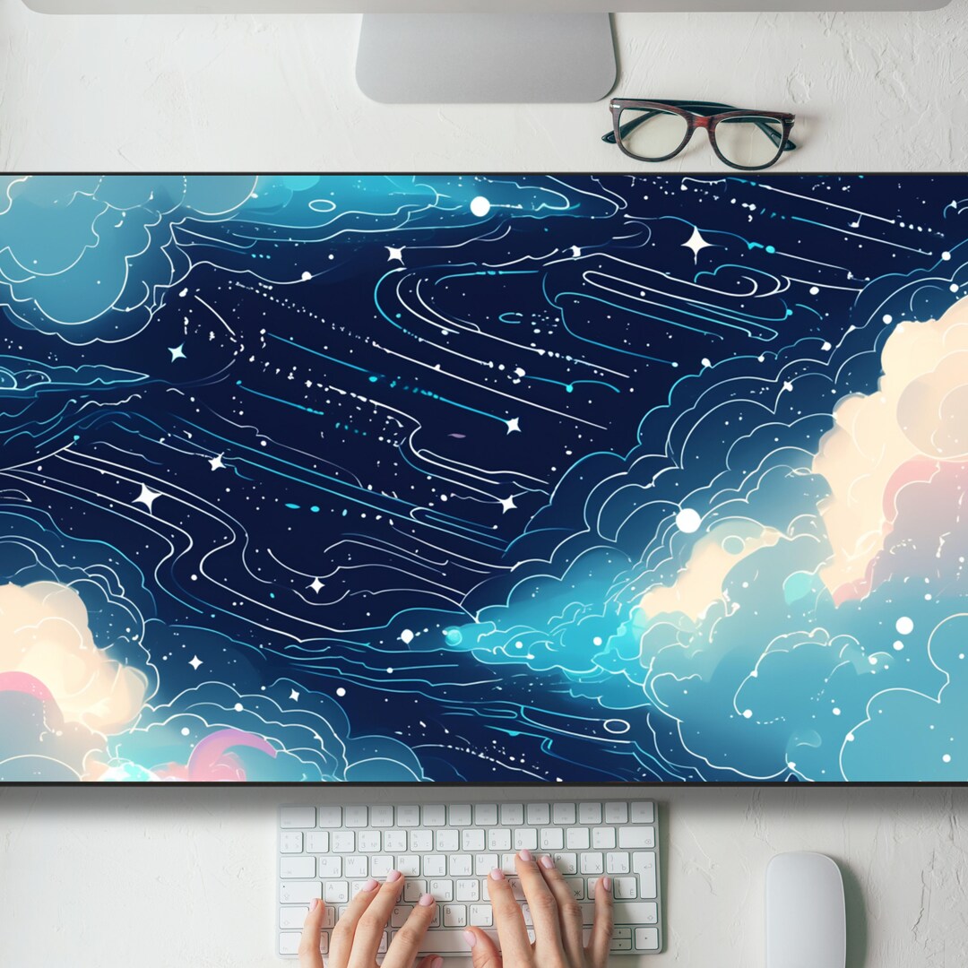 Dark Blue Kawaii Celestial Clouds Desk Mat Gaming Mouse Pad Large ...