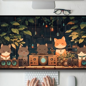 Tapis de bureau mignon Kawaii Lofi Cats Jam Sesh, grand tapis de souris de jeu, tapis de jeu MTG, clavier, tapis de souris pour bureau, jeu de bureau XL