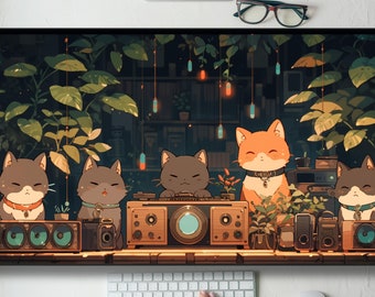 Cute Kawaii Lofi Cats Jam Sesh Desk Mat Gaming Mouse Pad Large Mousepad, MTG playmat, Keyboard Mouse Mat Desk Pad for Work Game Office XL