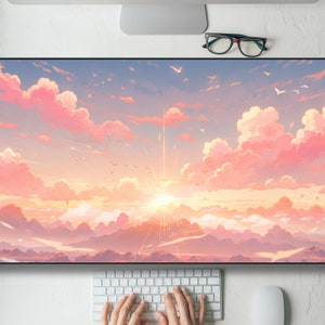 Bright Pink Kawaii Clouds Desk Mat Gaming Mouse Pad Large Mousepad with MTG playmat, Keyboard Mouse Mat Desk Pad for Work Game Office XL