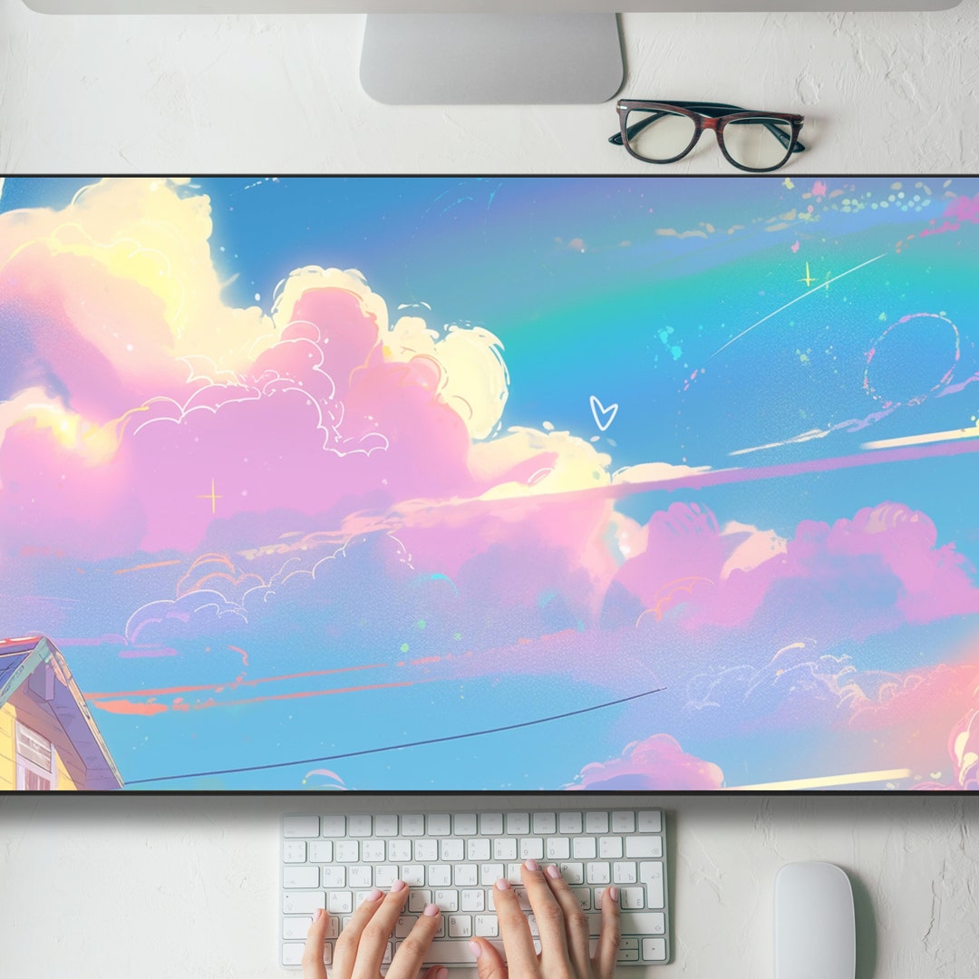 Cute Lo-fi Kawaii Clouds Sky Desk Mat Gaming Mouse Pad Large Mousepad ...