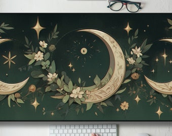 Three Crescent Moons Celestial Desk Mat Gaming Mouse Pad Large Mousepad, Stitched Edges, Keyboard Mouse Mat Desk Pad for Work Game Office XL