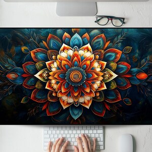 Mandala coloré avec superposition de pétales, tapis de bureau, tapis de souris de jeu, grand tapis de souris, tapis de clavier MTG pour travail, jeu, bureau, maison XL