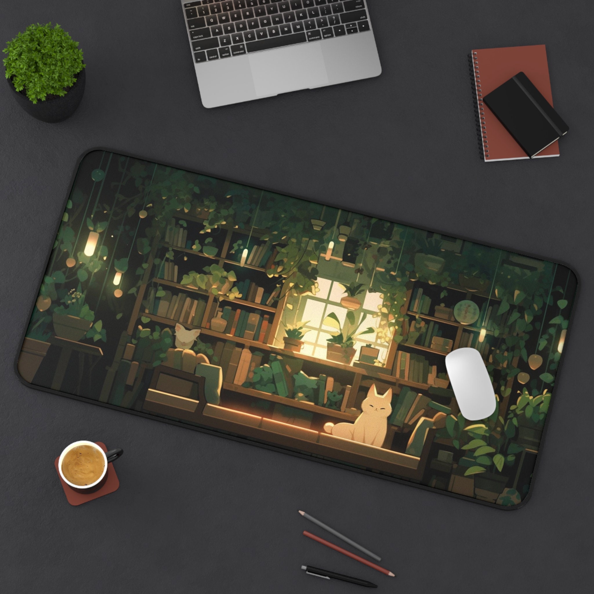 Kawaii Plant Cat Room Scene Desk Mat Gaming Office Mouse Pad Large XL ...