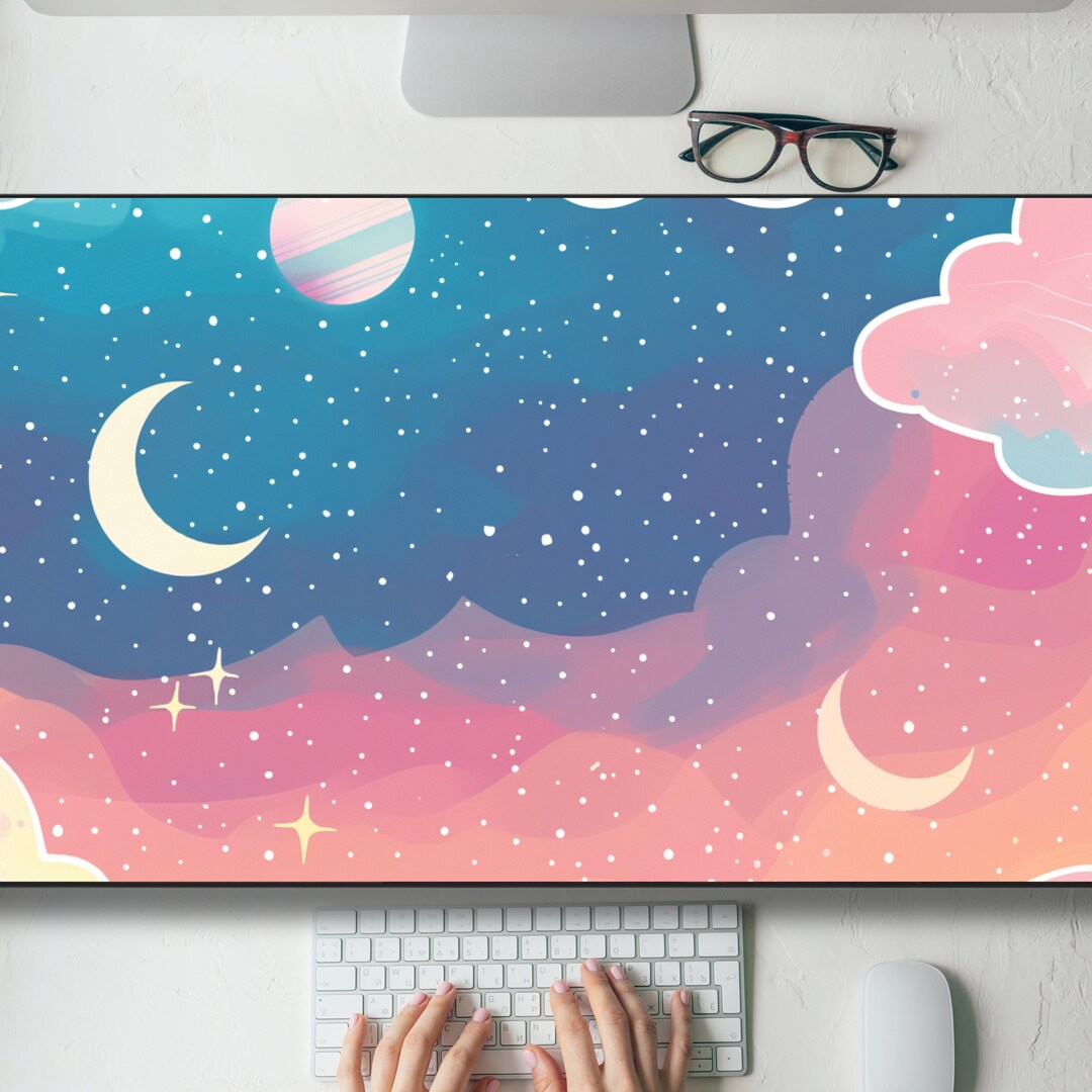 Simple Pretty Lo-fi Clouds Night Sky Desk Mat Gaming Mouse Pad Large ...