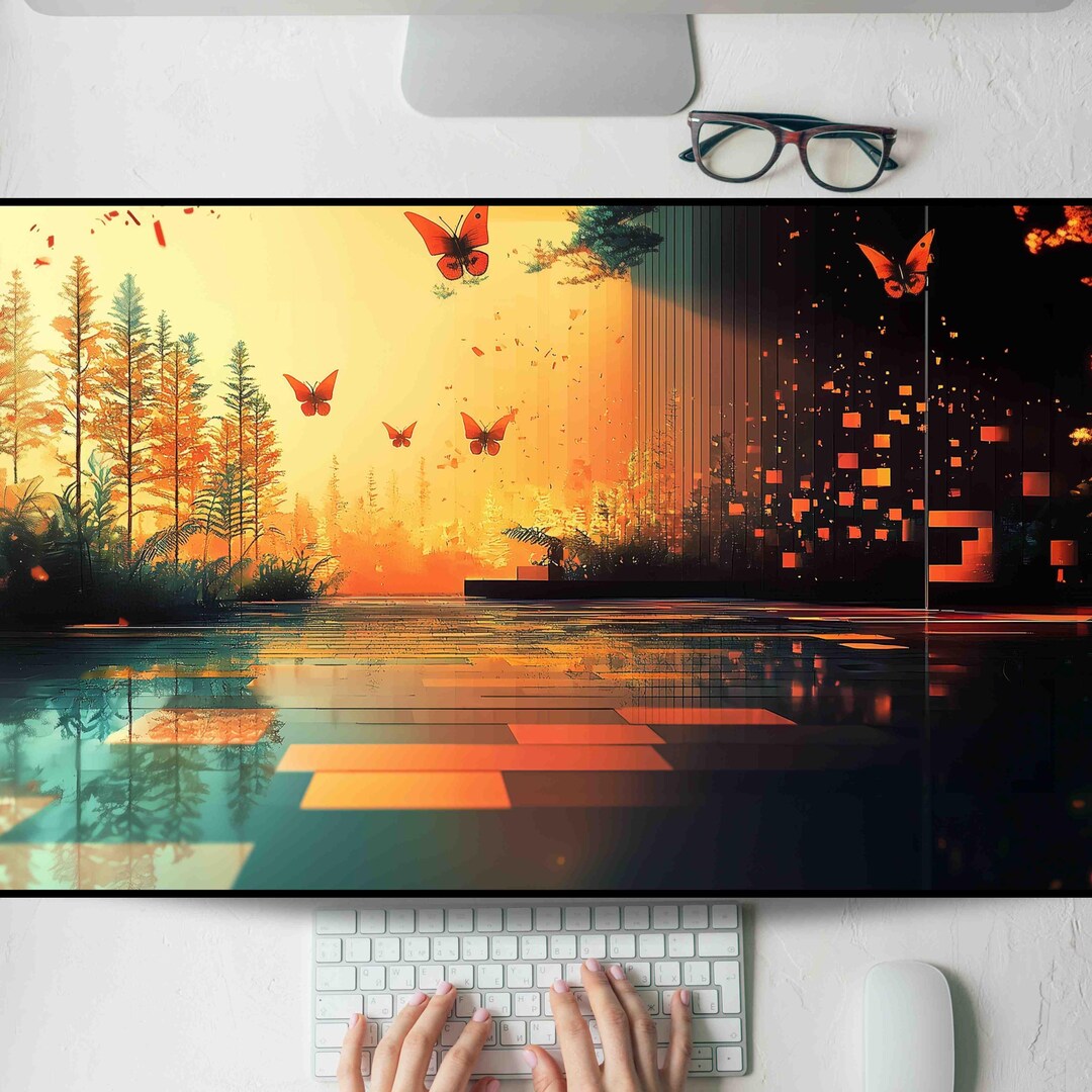 City Reflection in Autumn Ember Desk Mat, Gaming Mouse Pad, Large ...
