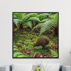 New Zealand Adult Kiwi Foraging in a Fern Forest. New Zealand Fern Forest Digital Art. Siver Fern forest, Aotearoa. Digital File Only
