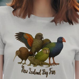 Könnte beinhalten: Hellgraues T-Shirt mit einer farbenfrohen Illustration von fünf neuseeländischen Tieren: einem Kiwi, einer Eidechse, einem Kea, einem Kakapo und einem Takahe. Der Text "New Zealand Big Five" ist darunter gedruckt.