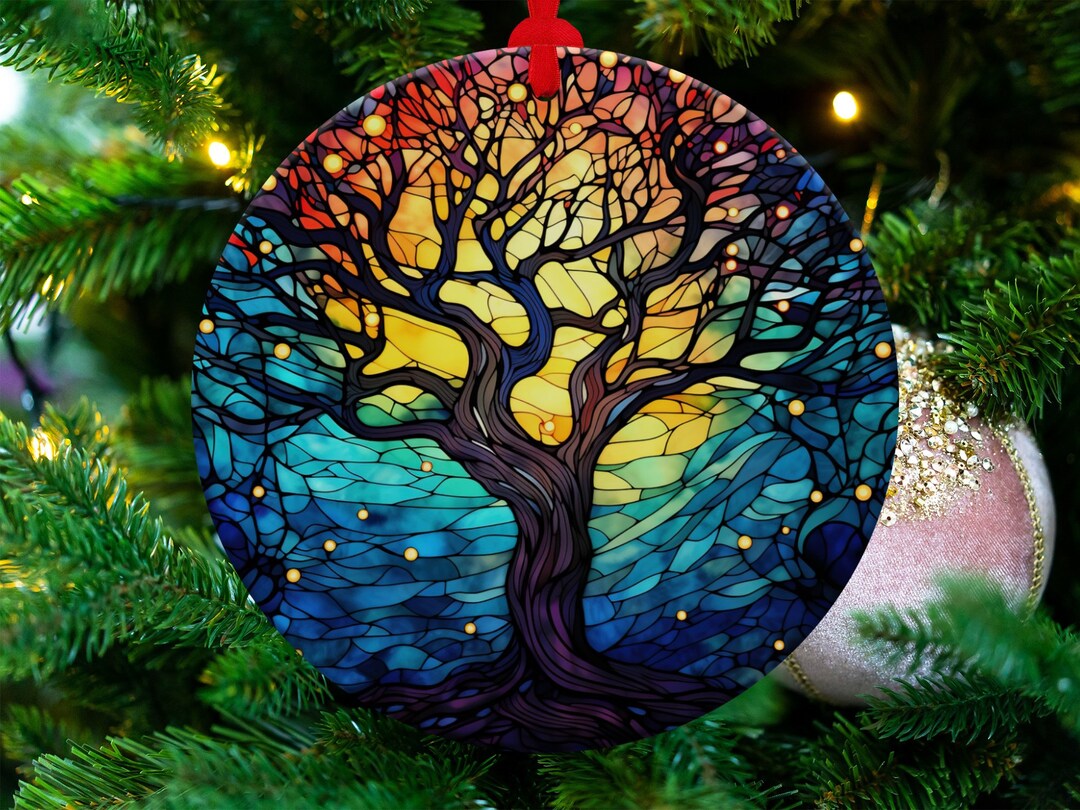 Stained Glass Style Tree of Life Christmas Ornament, Colorful Holiday ...