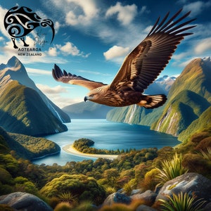 May include: A brown and white eagle soars over a verdant valley with a blue lake and snow-capped mountains in the background. The eagle's wings are outstretched in flight. The image features the text "Kiwi Design Aotearoa New Zealand".