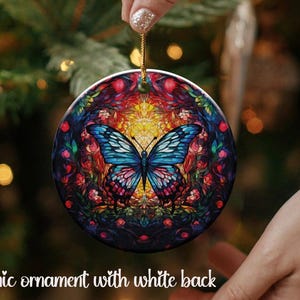 Stained Glass Style Butterfly Ornament, Colorful Butterfly Gift, Hanging Butterfly and Flowers Ornament, Christmas Tree Trimming