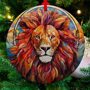 Lion Ornament Decoration Heirloom Keepsake Holiday Gift Idea. Stained Glass Look, Round Aluminum or Ceramic Includes Ribbon.