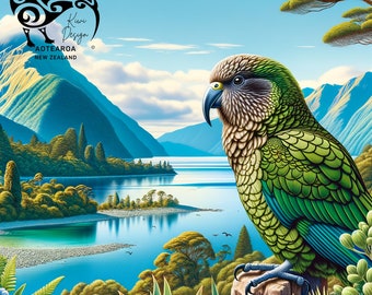New Zealand Alpine Parrot, the Kea, by a Lake in Te Waipounamu (the South Island). Aotearoa Wildlife Art. Digital File Only.