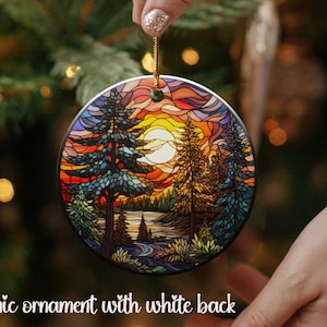 Stained Glass Style Ornament with Nature Scene, Forest Tree Design, Aspen Trees with Sunset, Christmas Tree Trimming