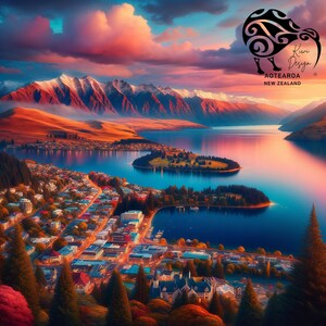Queenstown and the Remarkables, New Zealand Landscape Digital Art, Vibrant Queenstown Aerial View. Digital File Only.