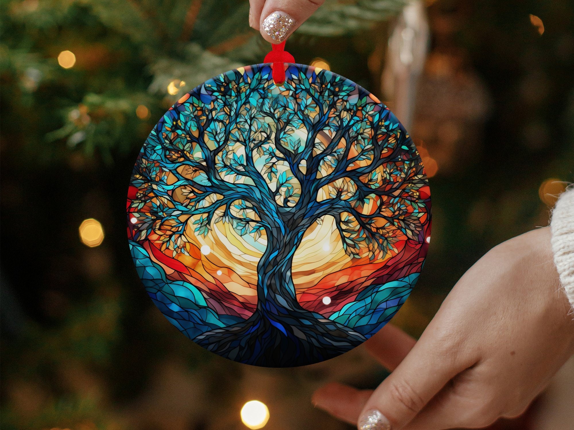 Stained Glass Style Tree of Life Christmas Ornament, Colorful Holiday ...