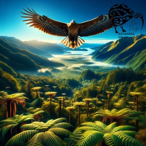 May include: A golden eagle flies over a verdant valley with a blue sky and white clouds in the background. The valley is filled with ferns and trees. The text "Kiwi Design Aotearoa New Zealand" is in the top right corner of the image.