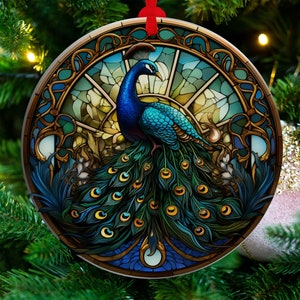 Stained Glass Peacock Decoration Heirloom Keepsake Holiday Gift Idea. Stained Glass Look, Round Aluminum or Ceramic Includes Ribbon.