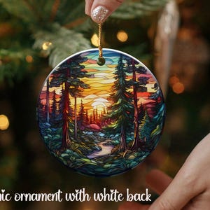 Stained Glass Style Ornament with Nature Scene, Forest Tree Design, Spruce Trees with Sunset, Christmas Tree Trimming