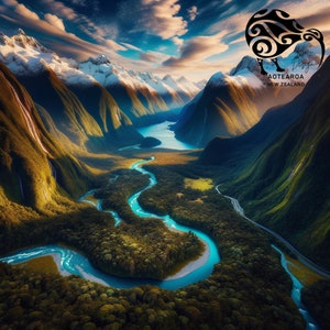New Zealand River Valley and Alps in Te Waipounamu (the South Island). New Zealand Landscape Print, Aotearoa Artwork. Digital File Only.