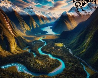 New Zealand Landscape Print, River Valley Alps View (Digital File Only)