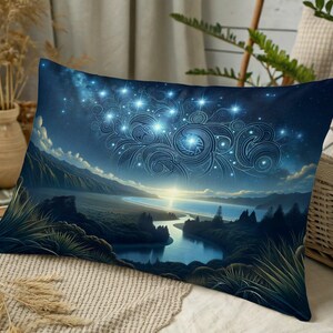 Può includere: Un cuscino blu e bianco con un design di cielo notturno stellato con un motivo a spirale di stelle e nuvole. Il cuscino presenta un paesaggio con un fiume che lo attraversa.