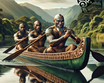New Zealand Māori Warriors in a Waka on a Lake. Digital Māori Warriors Art, New Zealand Traditional Waka (Canoe). Digital File Only.