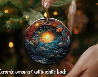 Colorful Stained Glass Style Sun Moon and Stars Ornament, Celestial Sun and Moon Art Ornament, Spiritual Piece, Christmas Tree Trimming