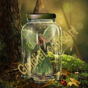May include: A fairy with green wings and a green dress is trapped inside a glass jar. The jar is surrounded by green moss and leaves. The fairy looks distressed.