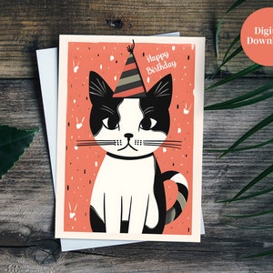 Printable birthday card, cat birthday card, downloadable birthday card, digital card, instant download, cute cat, water color style, cat