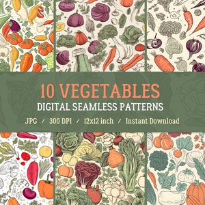 10 Vegetables Seamless Patterns, Digital Paper, Floral Prints, Vegetable Background, Vegetable Digital Paper