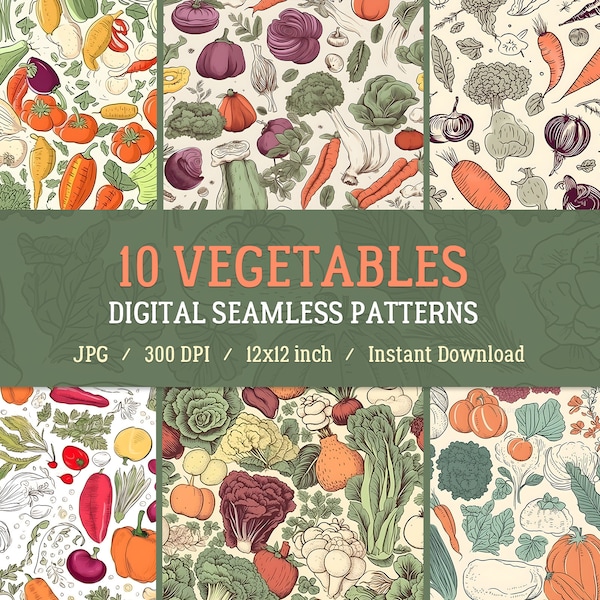 10 Vegetables Seamless Patterns, Digital Paper, Floral Prints, Vegetable Background, Vegetable Digital Paper