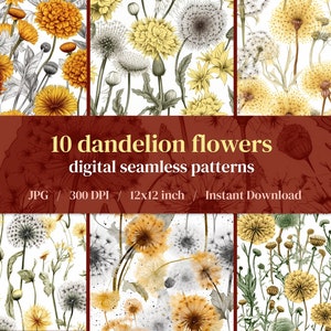 10 Dandelion Flowers Digital Paper, Flowers Seamless Pattern, Floral Prints, Flowers Background, Spring Digital Paper, Floral Digital Paper