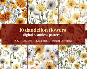 10 Dandelion Flowers Digital Paper, Flowers Seamless Pattern, Floral Prints, Flowers Background, Spring Digital Paper, Floral Digital Paper