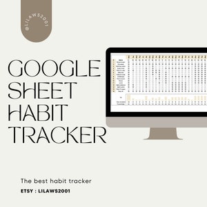 以下が含まれることがあります： コンピューター画面に、Googleスプレッドシートの習慣トラッカーが表示されています。シートには、「朝のルーティン」、「言語学習」、「夕食」、「5つの祈り」など、追跡する習慣のリストがあります。シートには、各習慣が完了した日数を示すグラフも含まれています。コンピューター画面の上には、「GOOGLE SHEET HABIT TRACKER」というテキストが表示されています。コンピューター画面の下には、「最高の習慣トラッカー」と「ETSY: LILAWS2001」というテキストが表示されています。
