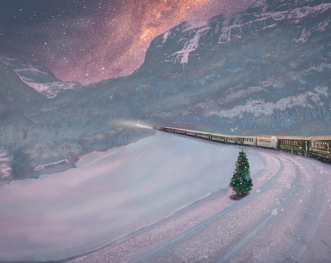 Winter Train Travelling by Christmas Tree/Norway Snowy Silent Night/Nostalgic Northern Lights
