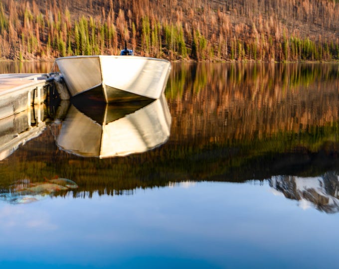 Stanley Lake Print: Dockside Boat, Sawtooth Mountains Reflection