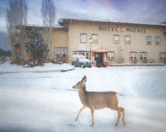 Stampa di cervi invernali dell'Hotel McCall Idaho: decorazione murale per case e baite di montagna
